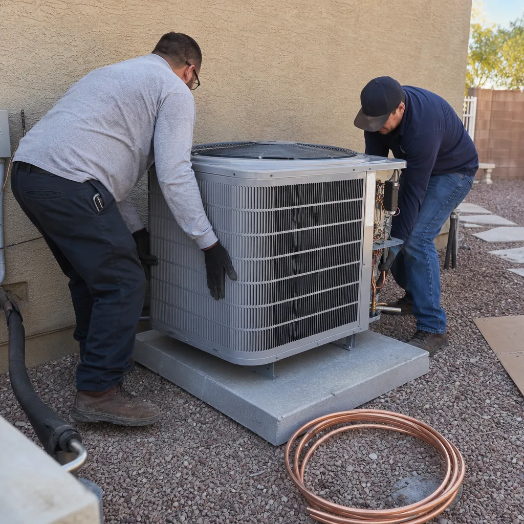 Two technicians performing professional AC repair on an outdoor HVAC unit
