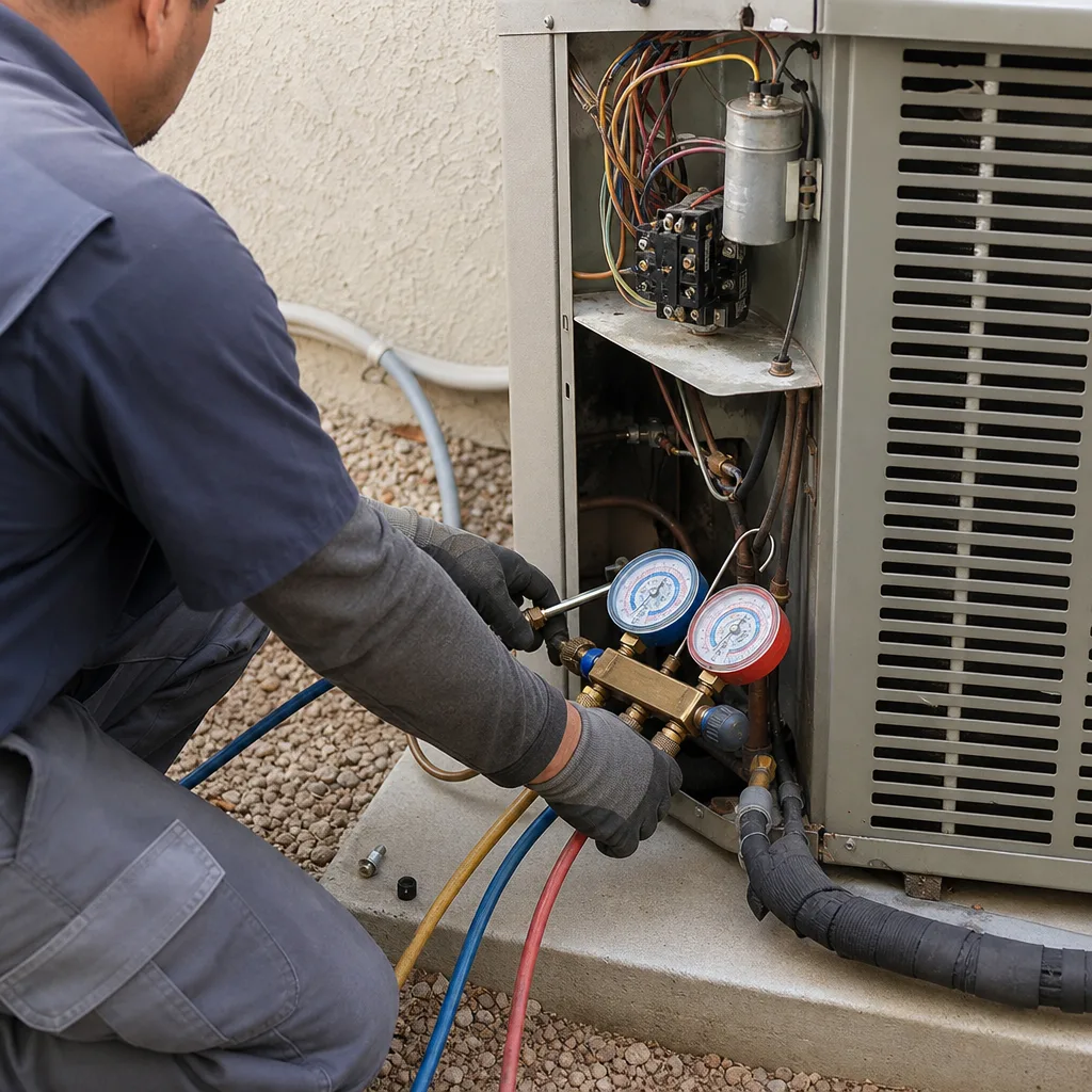 HVAC technician performing AC repair with manifold gauges on outdoor unit