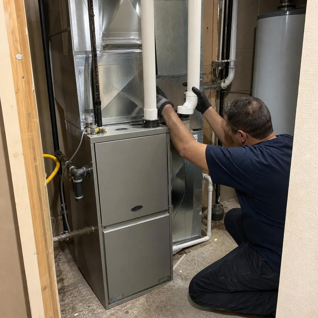 HVAC technician performing a professional furnace repair service