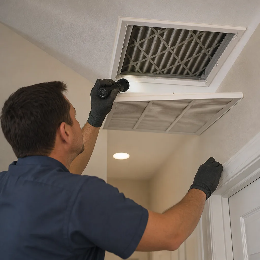 HVAC technician inspecting a residential heat pump air filter in a ceiling