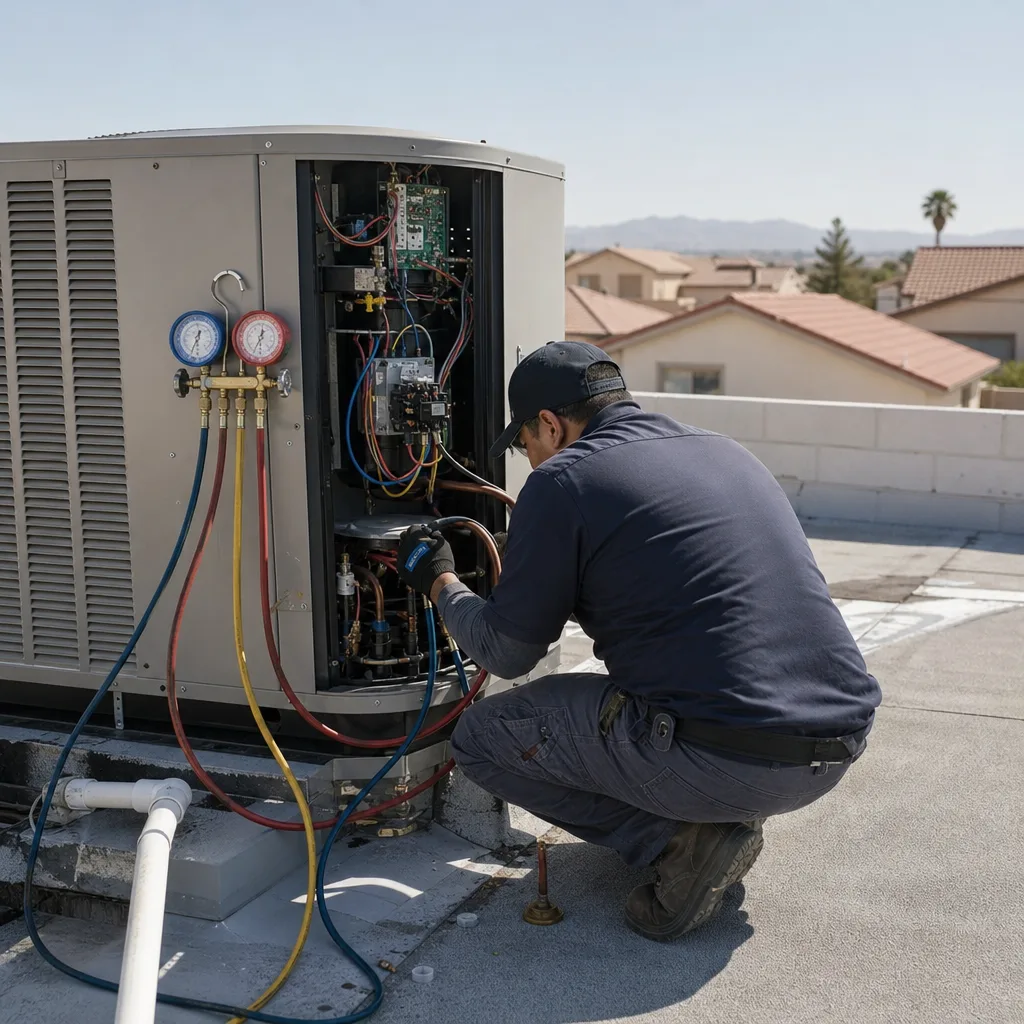 HVAC technician performing professional heat pump installation on rooftop unit